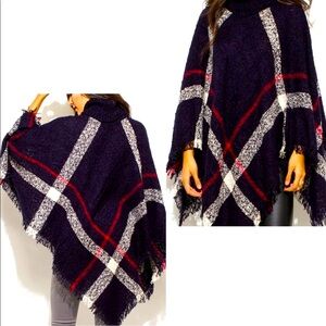 Navy Plaid Poncho Turtleneck Sweater Shawl So Cute